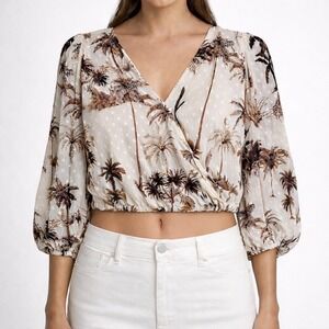 Joie Palm Tree Print Smocked Waist Cropped Blouse Women's Size Medium